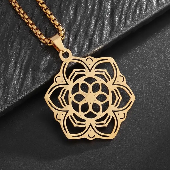 Gold Lotus Mandala Pendant Necklace – 18k Stainless Steel Spiritual Flower Charm - Picture 5 of 7
